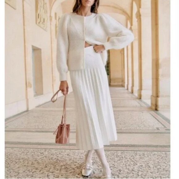 ✨ SALE✨ FUC Sezane Leonine Knit Midi Skirt Ecru Ivory Off White French Stretchy - Picture 1 of 11